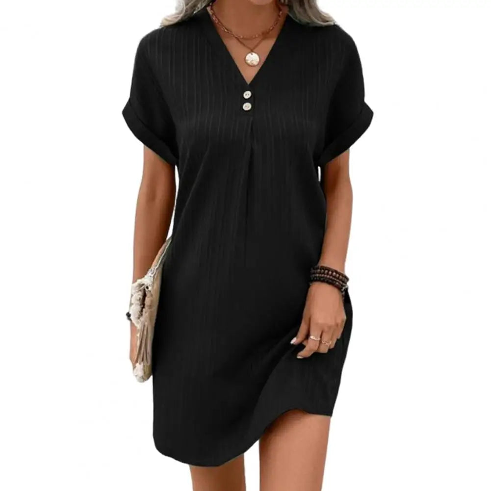 Summer Women V Neck Button Dress in Soft Polyester