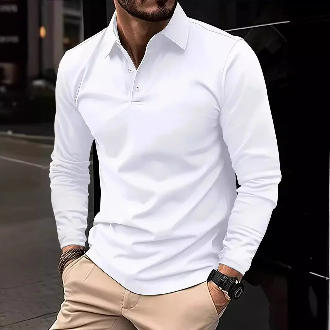 2024 Autumn Men's Polo Shirts Turn-Down Collar Solid Long Sleeve Smart Casual Polos Man Fashion Breathable Loose Tees Tops Men