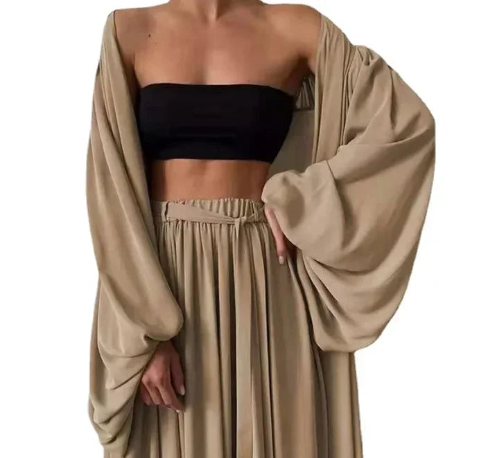 Comfortable Women Lantern Sleeve Cardigan and Wide Leg Pants Set