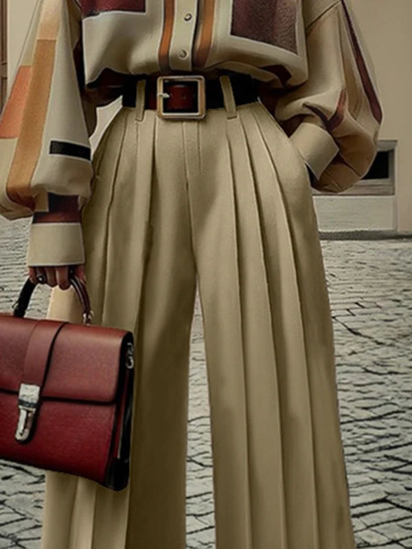 Khaki Wide Leg Pleated Pants for Women by OSHOPLIVE