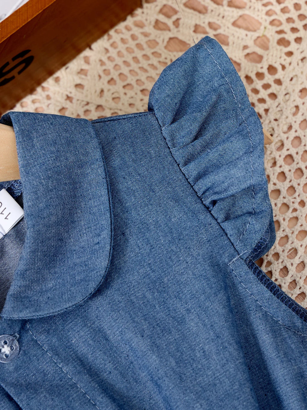 Denim Print Casual Dress for Girls with Bow and Ruffled Sleeves