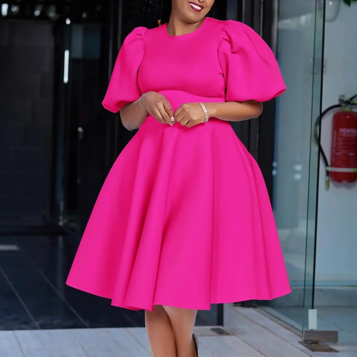 Luxury Polyester A-Line Dress with O Neck for Women