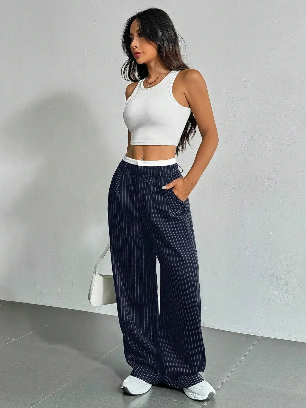 High Waist Striped Wide Leg Pants for Women by mandylandy