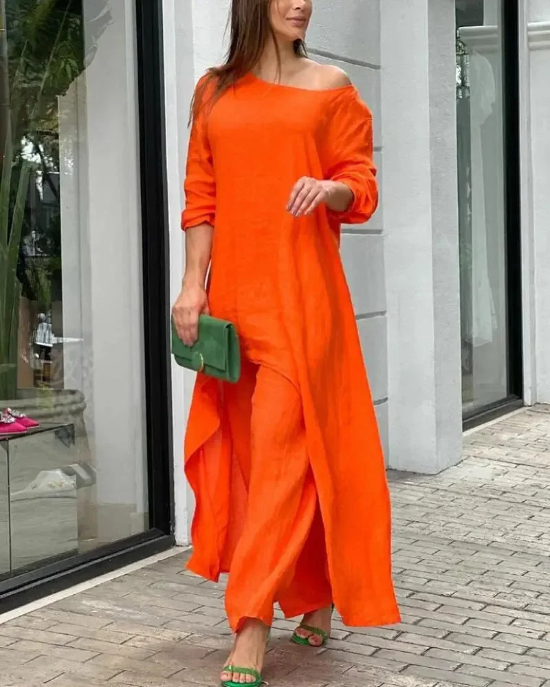 Plus Size Women's Indie Folk Asymmetrical Dress and Pants Set