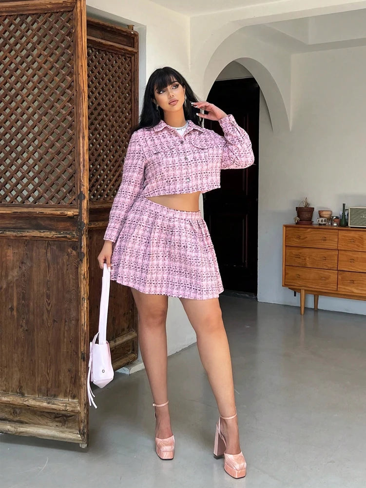 Plus-Size Women's Tweed Blazer and Mini Skirt Set