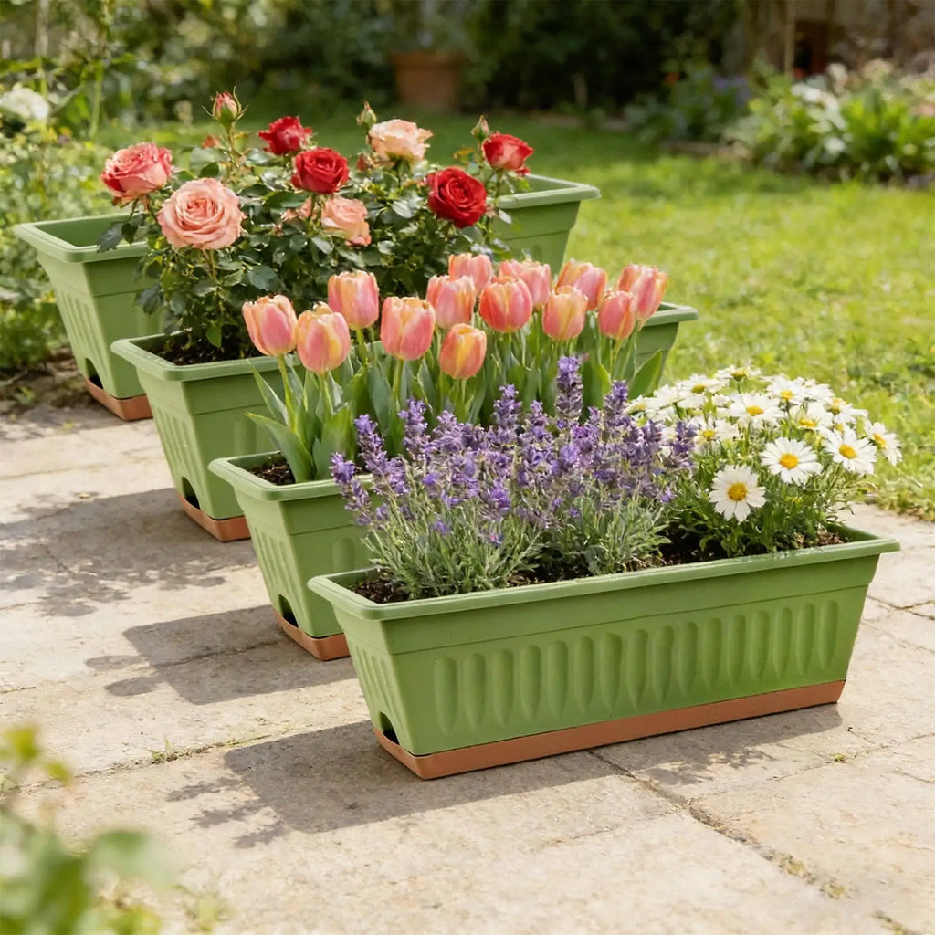 Rectangle Plastic Flower Planter Set for Indoor and Outdoor Use