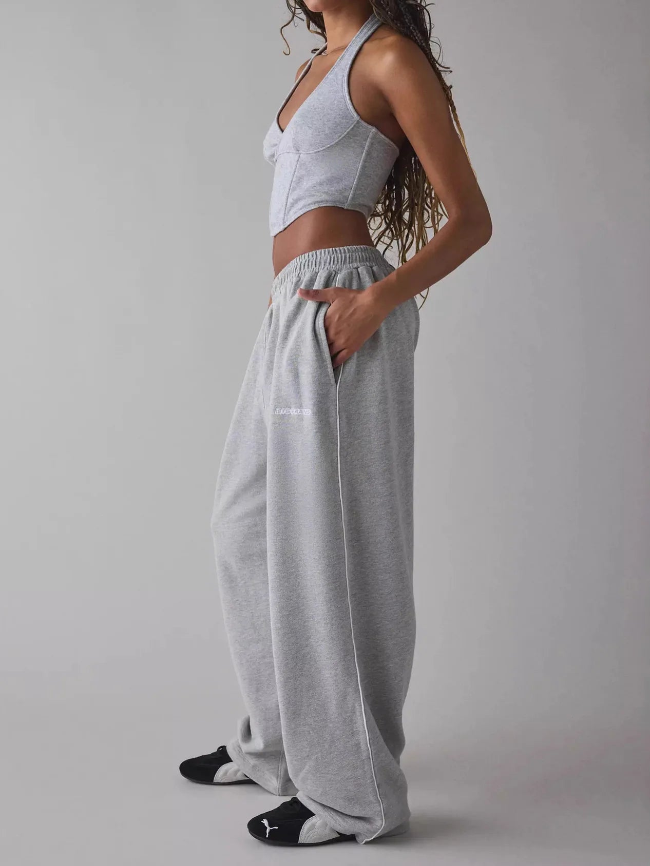 Pink Loose Casual Pants for Women in Cotton Embroidery