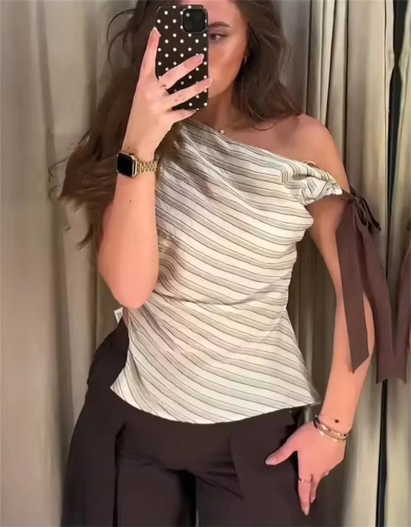 Women's Top T-Shirt 2026 Summer Fashion Casual Striped Bowknot Decoration Asymmetrical Sleeveless Elegant Unique Everyday Street