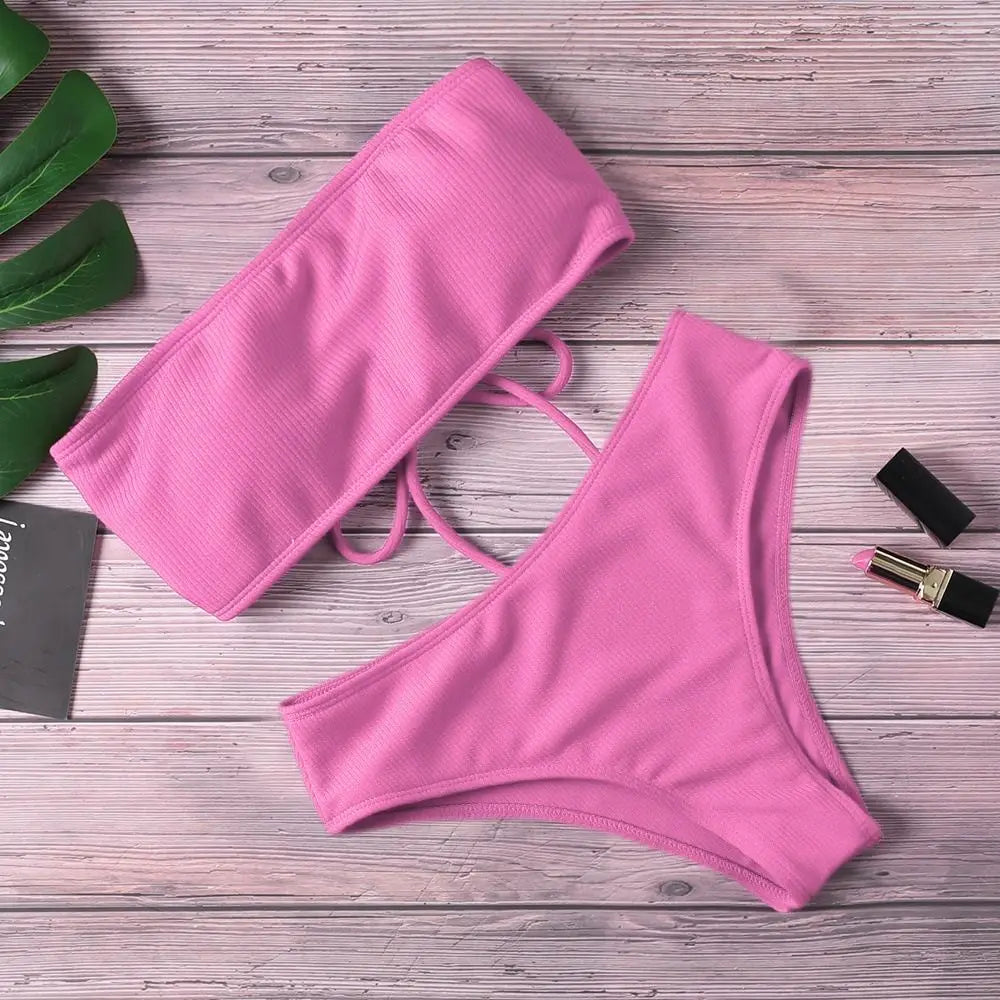 Elegant Solid Color Strapless Bikini Set for Women
