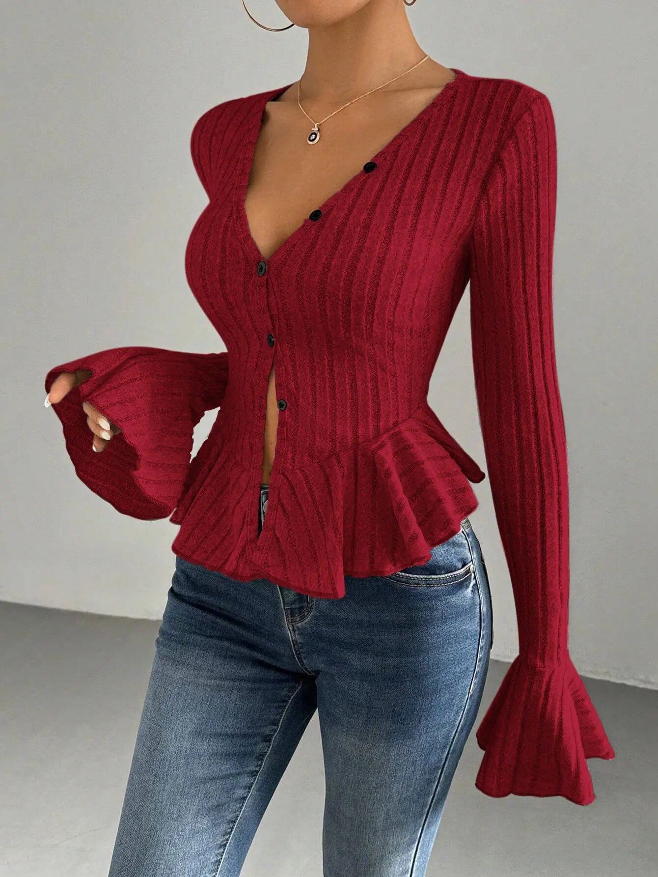 Elegant Women's Slim V Neck Long Sleeve Ruffle Tops