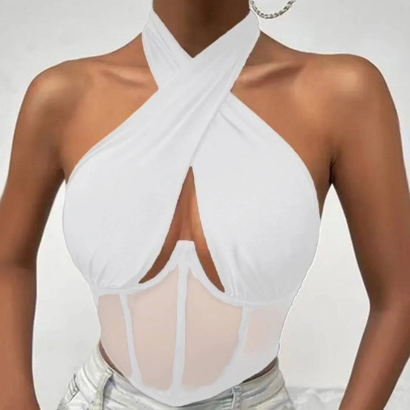 Cotton Stretch Halter Top for Women with Irregular Neckline