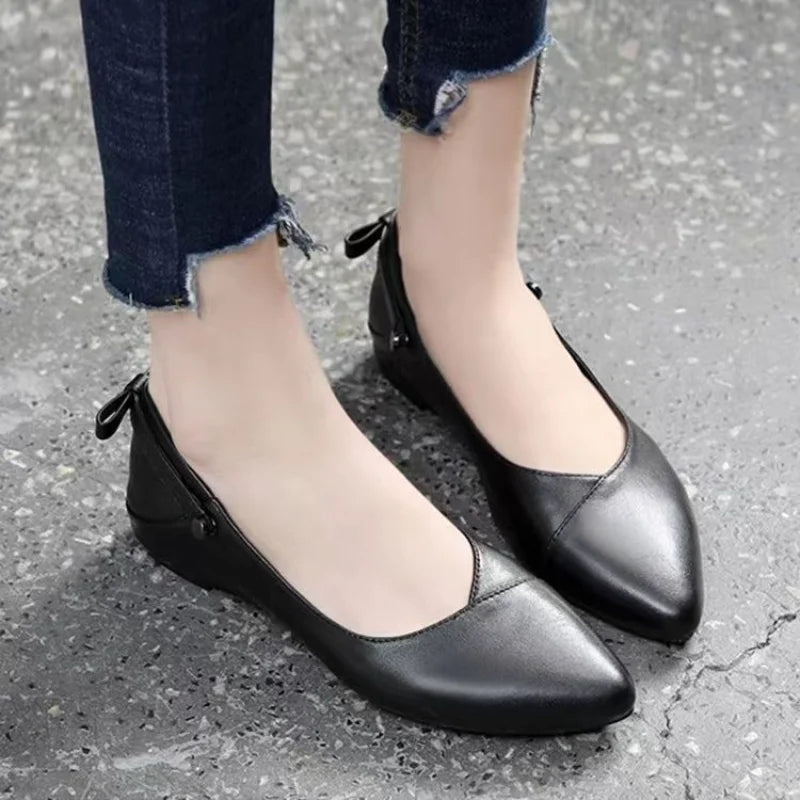 Shoes for Women 2025 Pointed Toe with Bow Ladies Summer Footwear Flats Moccasins White Flat Slip on Young Trend Chic and Elegant