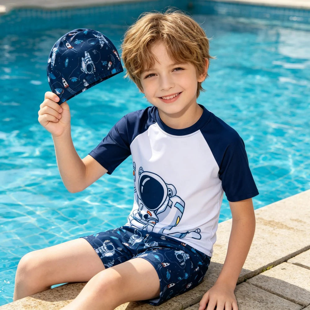 Boys Surf Rash Guard Set with Cap and Shorts for Summer