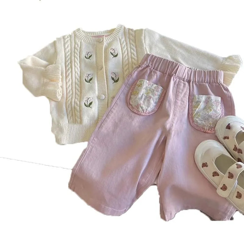 Girls Pink Flower Pocket Pants Casual Trousers for Kids
