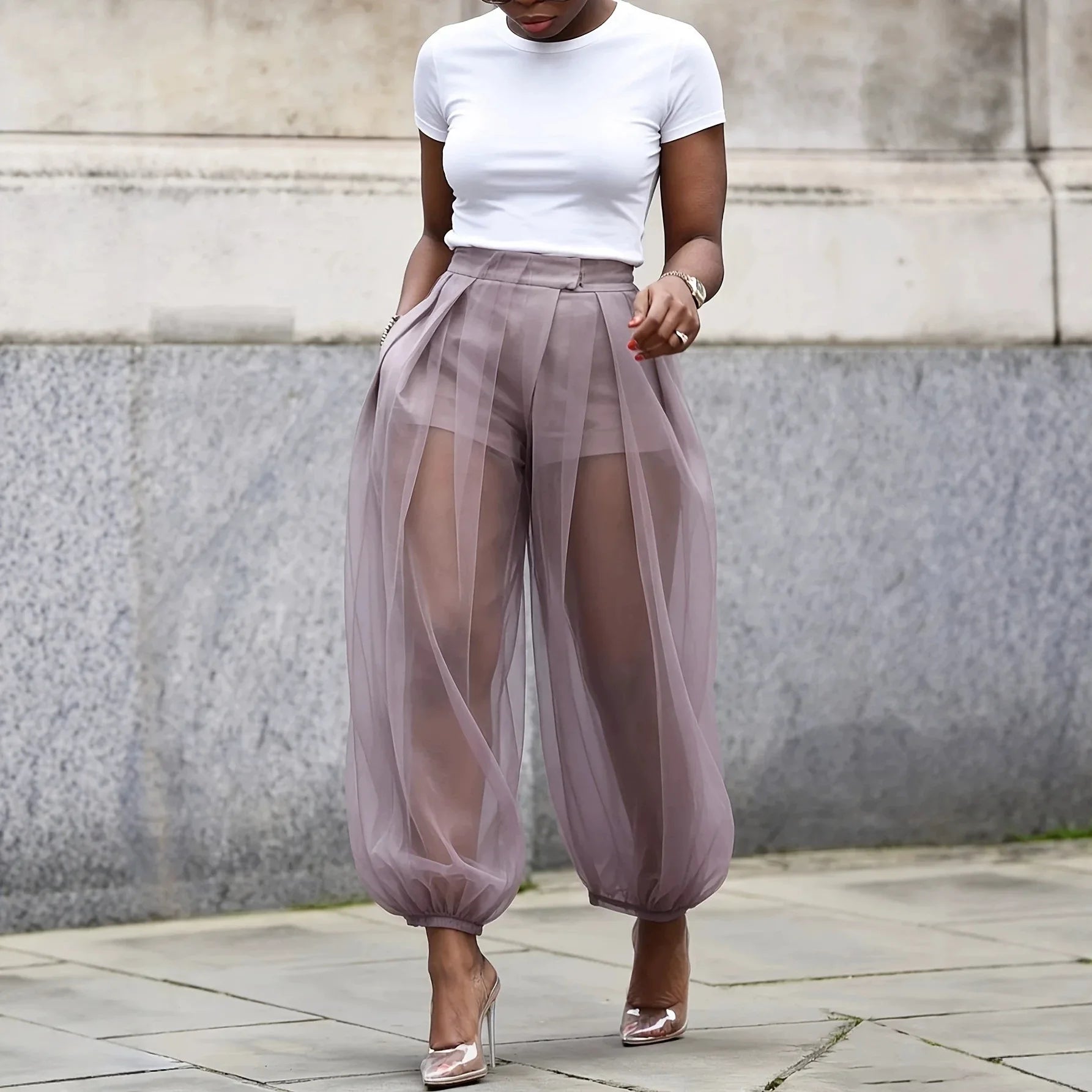 Chiffon High Waist Ankle-Length Pants for Women