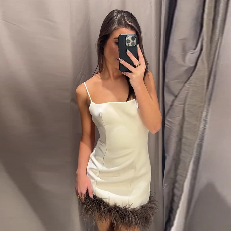 Chin.Sweety Sexy Feather Patchork Sling Dress for Women