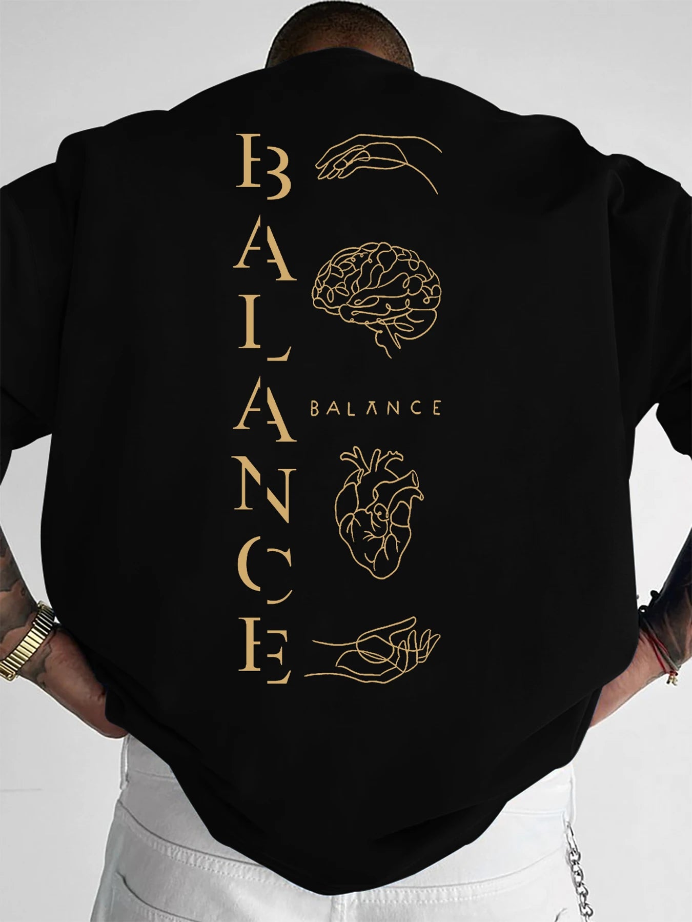 Men's Fashion Printed Polo Shirt, Spiritual Balance Mind Heart Hand Pattern, Loose Fit Lapel Neck Casual Streetwear Top