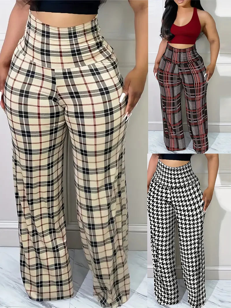 Women's High Waist Plaid Wide Leg Pants for Casual Wear