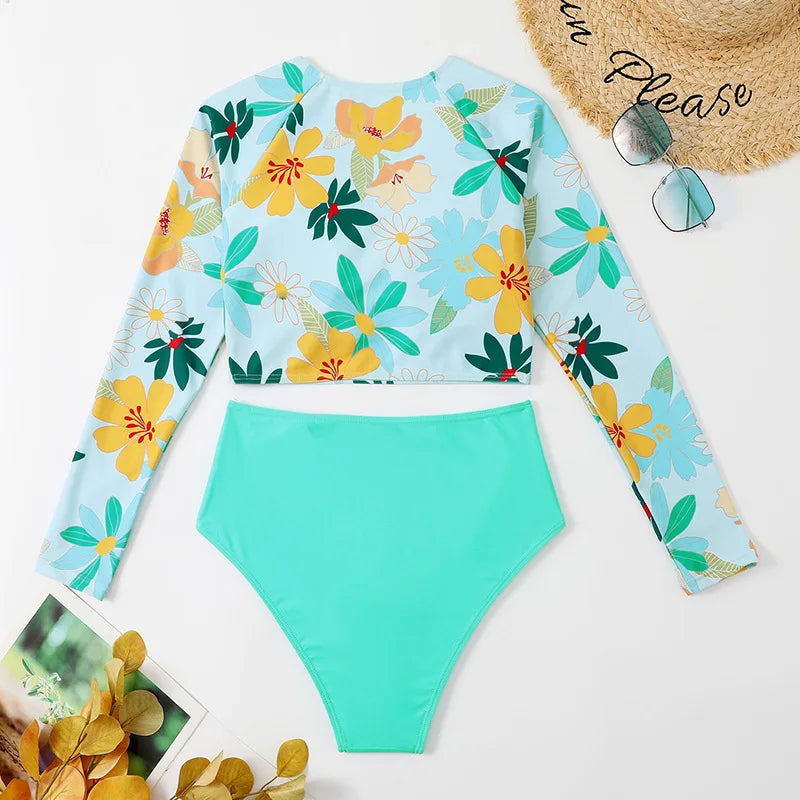 High Waist Long Sleeve Bikini Set for Women by MALEY LifeStyle