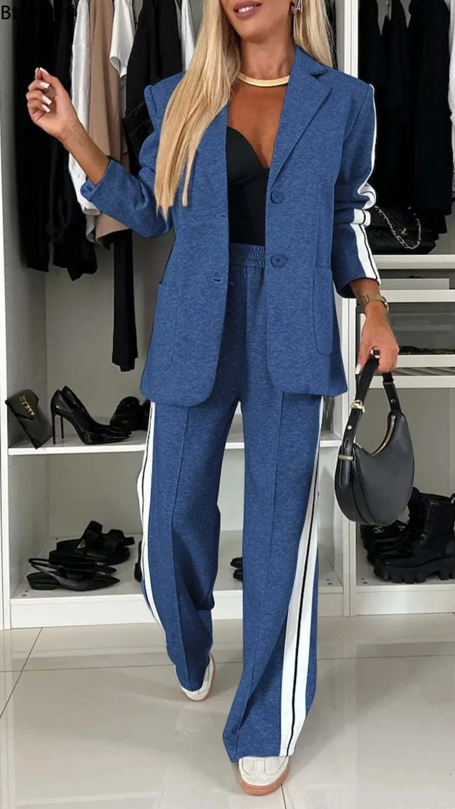 Btsukimi Women's Color Block Blazer and Wide Leg Pants Set