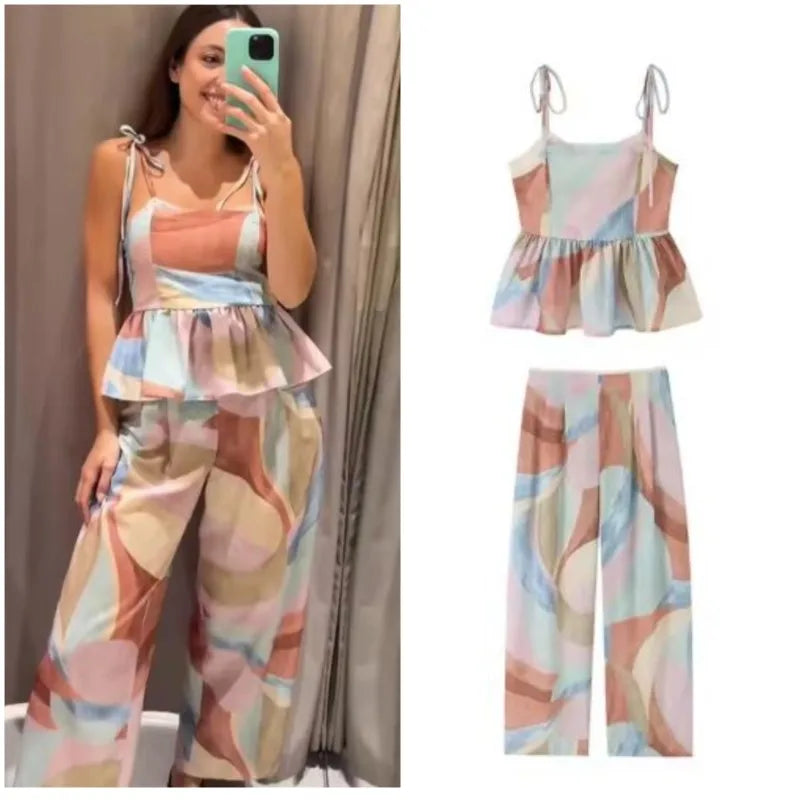 Chic Lace Trim Printed Pants Set for Women by MALEY LifeStyle