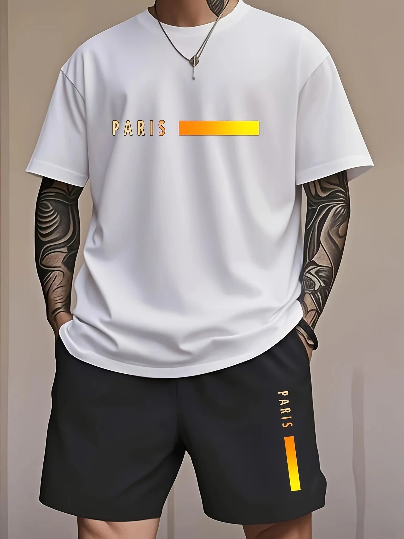 Men's Summer T-Shirt and Shorts Set Casual Relaxed Fit Sporty Crew Neck Short-Sleeve T-Shirt Paris Letter Print Two-Piece Set