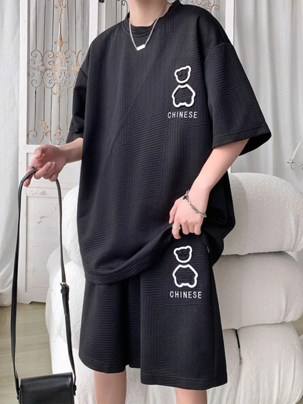 Casual Sportswear Set for Men Summer Short Sleeve Five-Quarter Pants Polyester Fiber Big Size Two-Piece Suit T-Shirt Shorts
