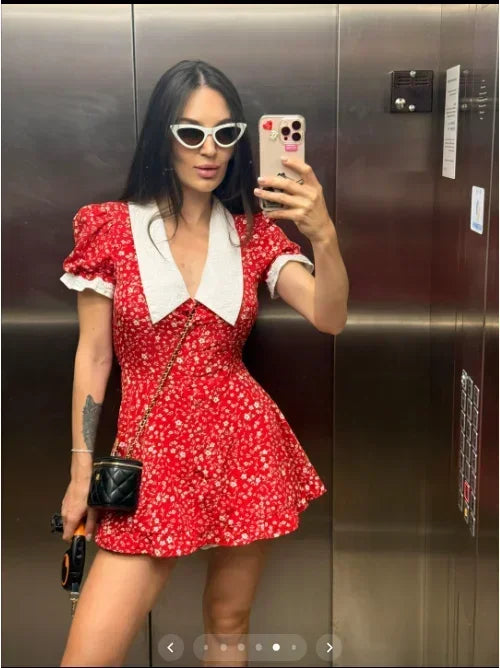 Red Floral Print A-Line Mini Dress with Puff Sleeves