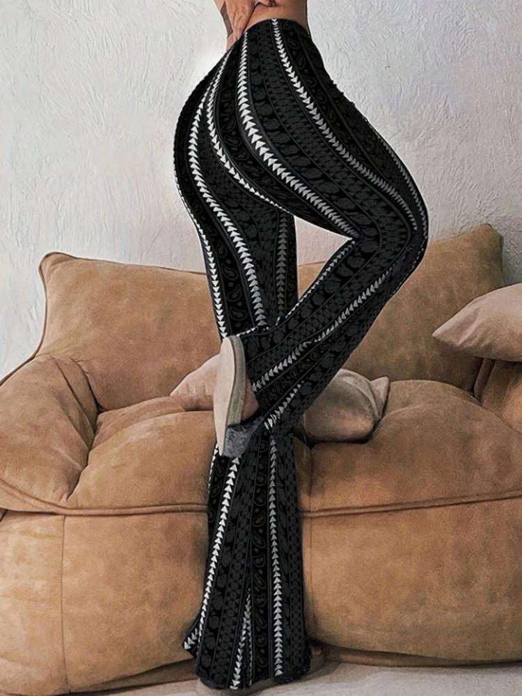 Flared Leggings for Women in Striped Print Casual Style