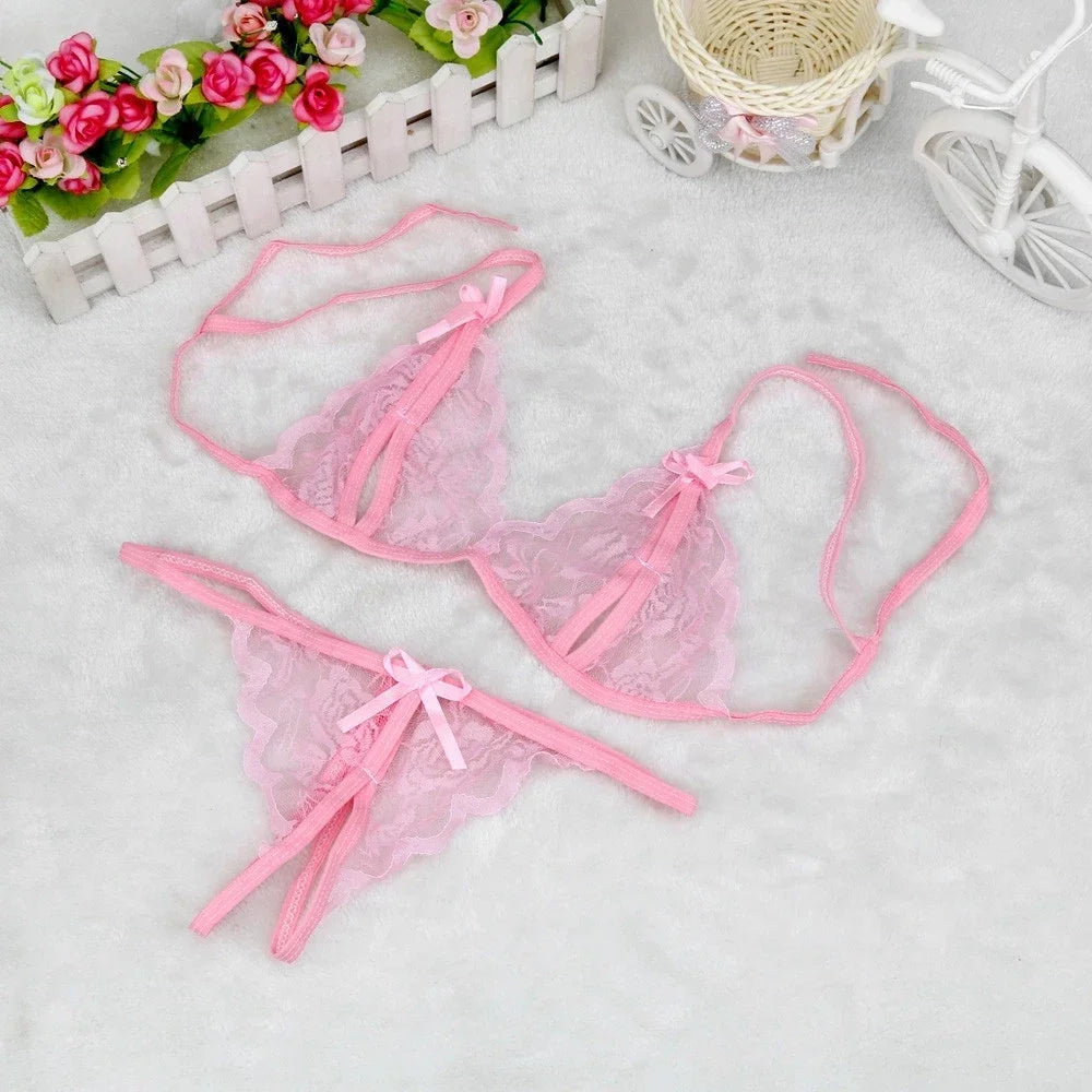 Lace Up Bra and Open Crotch G-String Set for Women