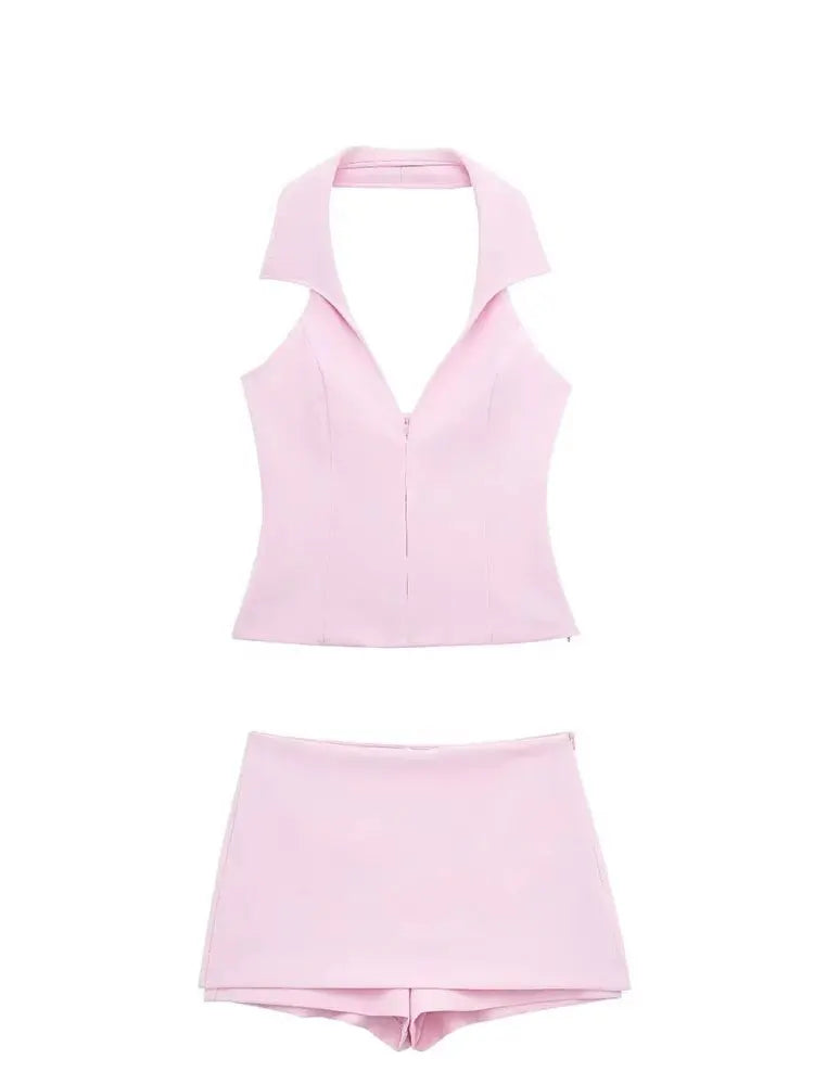 HH Women Chic Halter Backless Top and Shorts Set in Sweet Pink