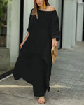 Plus Size Women's Indie Folk Asymmetrical Dress and Pants Set