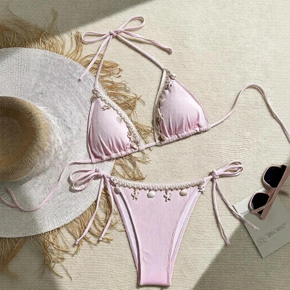 Lace-Up Halter Bikini Set for Women with Shell Decoration