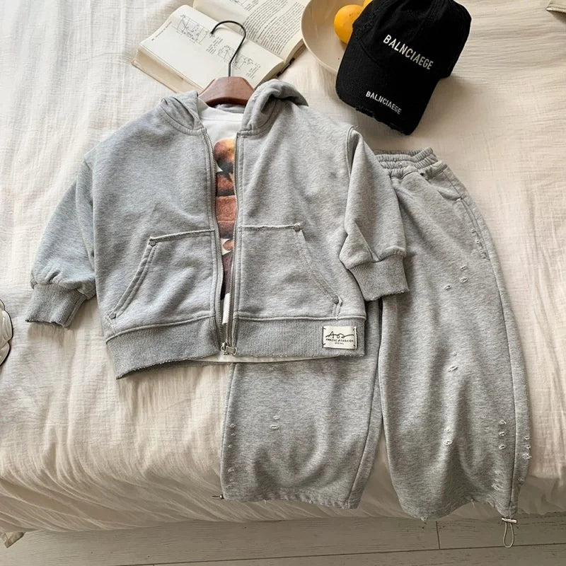 Boys Spring and Autumn Two-piece Set Hooded Top and Pants