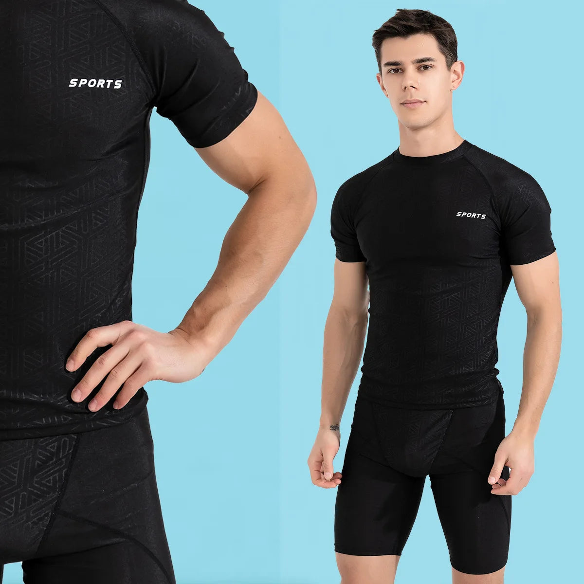 Men's Polyester Swimwear Set with Tight Elastic Shorts and Shirt