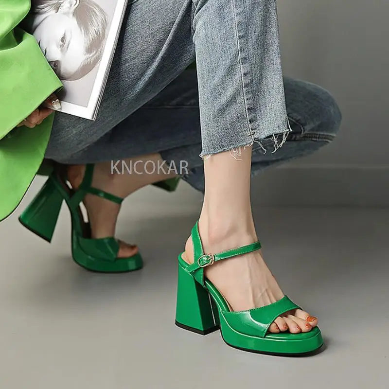 KNCOKAR Women's Microfiber Platform Sandals with Square Heels