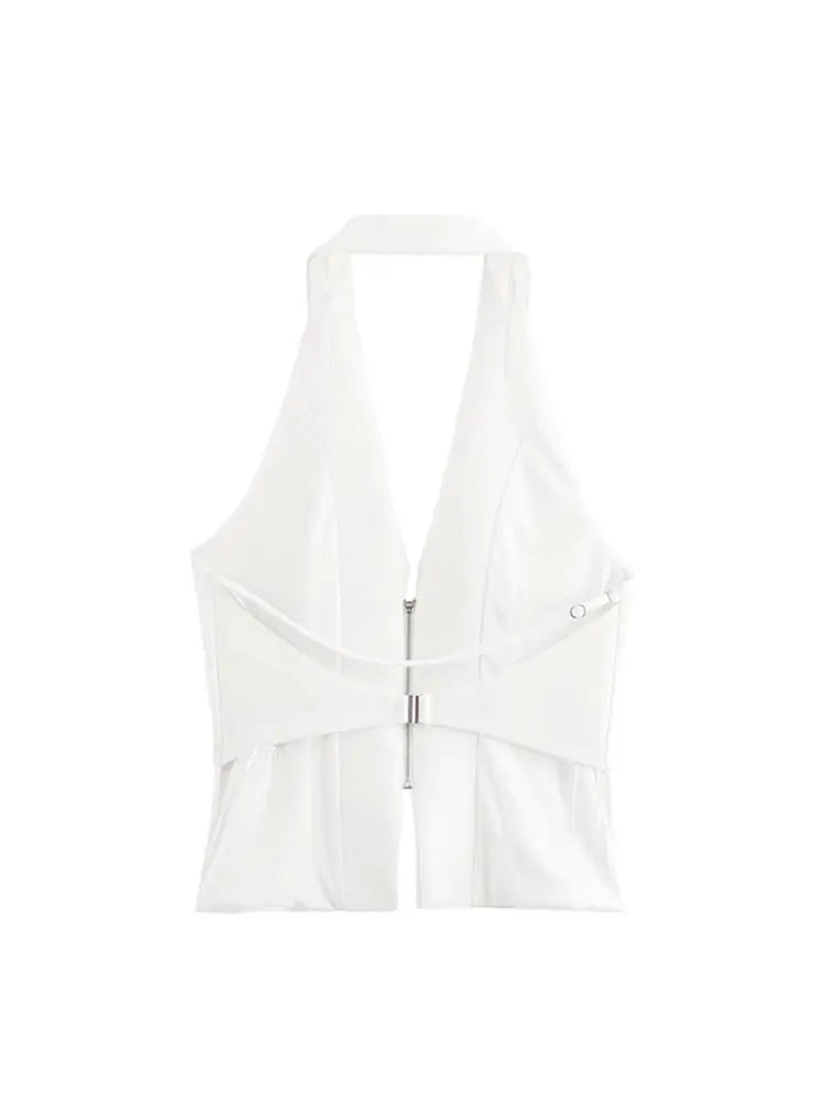HH Female Sexy Slim Crop Top Solid Turn-Down Collar Sleeveless Backless Decorate Zipper Summer Tops Woman Trendy