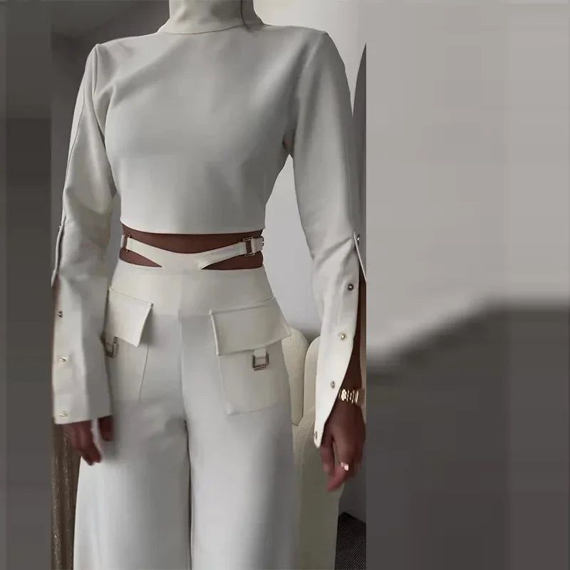 Elegant Women Turtleneck Pant Set with Wide Leg Pants