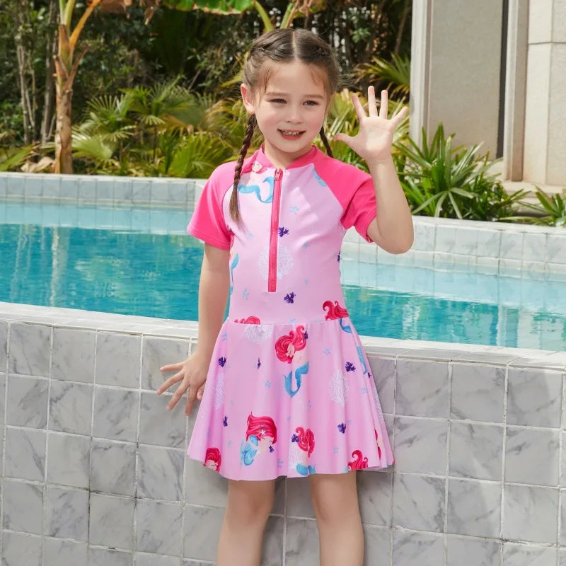 Girls' Cartoon One-Piece Swim Dress in Elastane for Spring