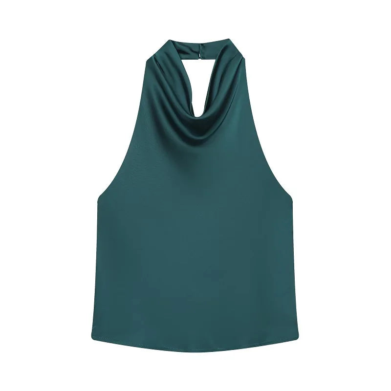 MUJER Black Satin Backless Halter Top for Women Summer Nights