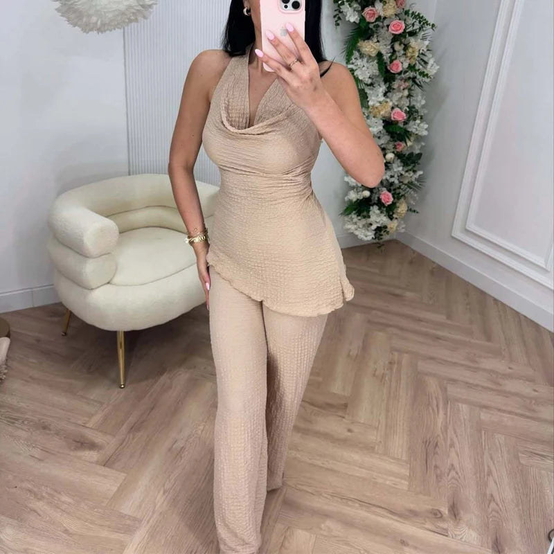 MUJER 2025 Textured Halter Backless Top and High Waist Pants