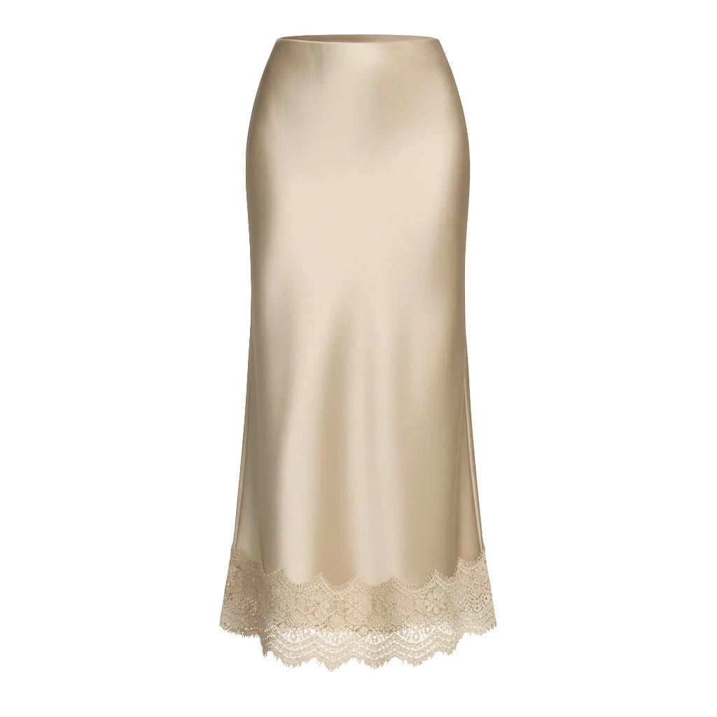 Elegant Satin Midi Skirt for Women with Lace Detail