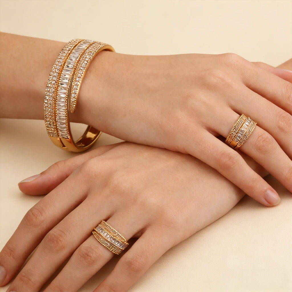 18K Gold Plated Bangle Ring Set for Women with CZ Stones