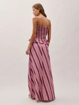 MALEY LifeStyle Women's Striped Midi Skirt and Strapless Top Set