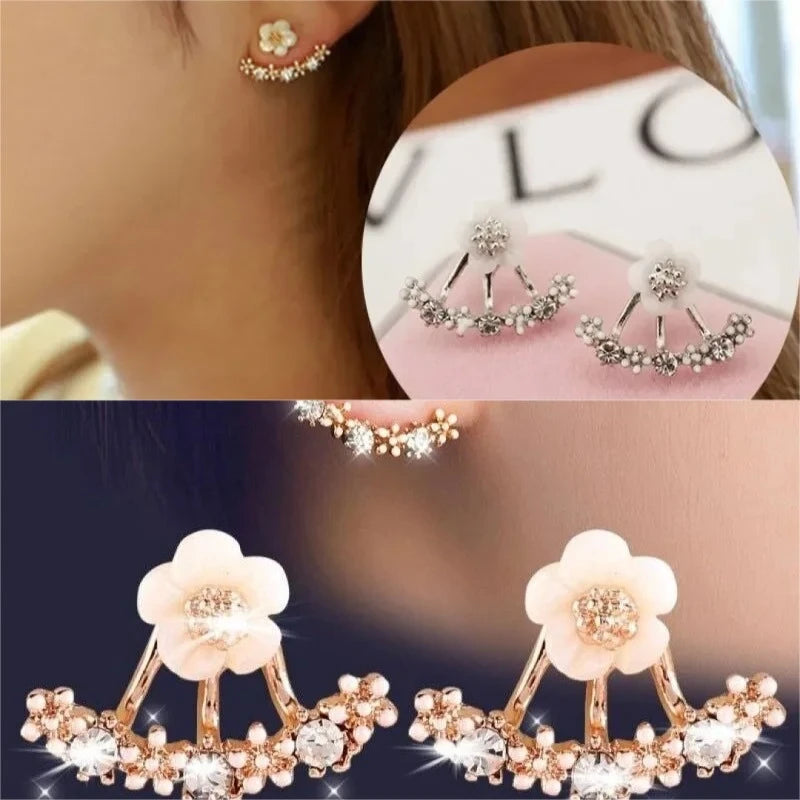 Trendy Women's Flower Stud Earrings in Metal with Zircon