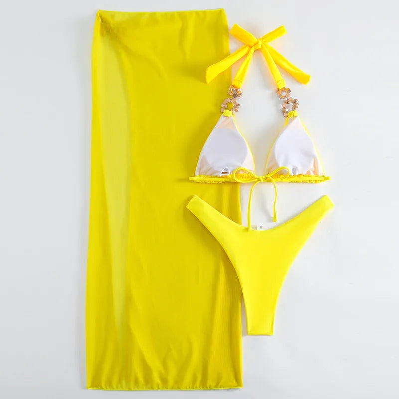 Yellow Rhinestone Bikini Set for Women by biligoshe