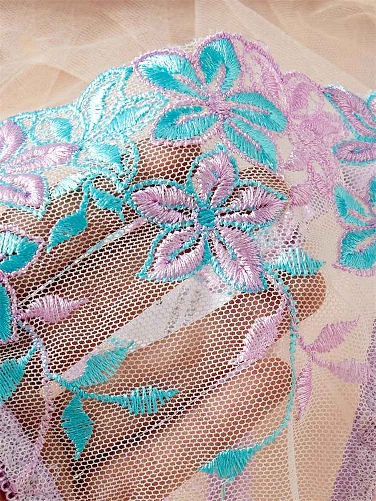 Purple Blue Floral Embroidery Mesh Bra and Panty Set