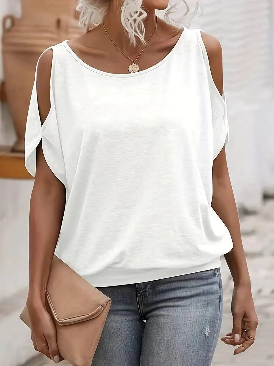 Solid White Cold Shoulder Women's Knit Tee for Spring Summer