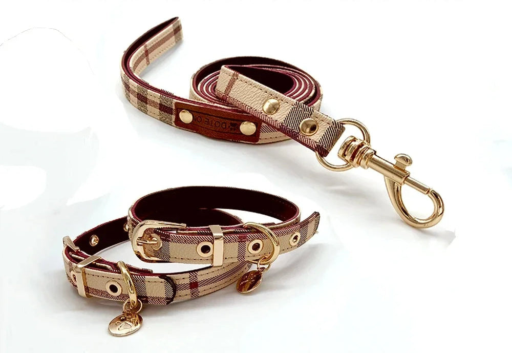 Stylish Plaid Leather Collar and Leash Set for Pets