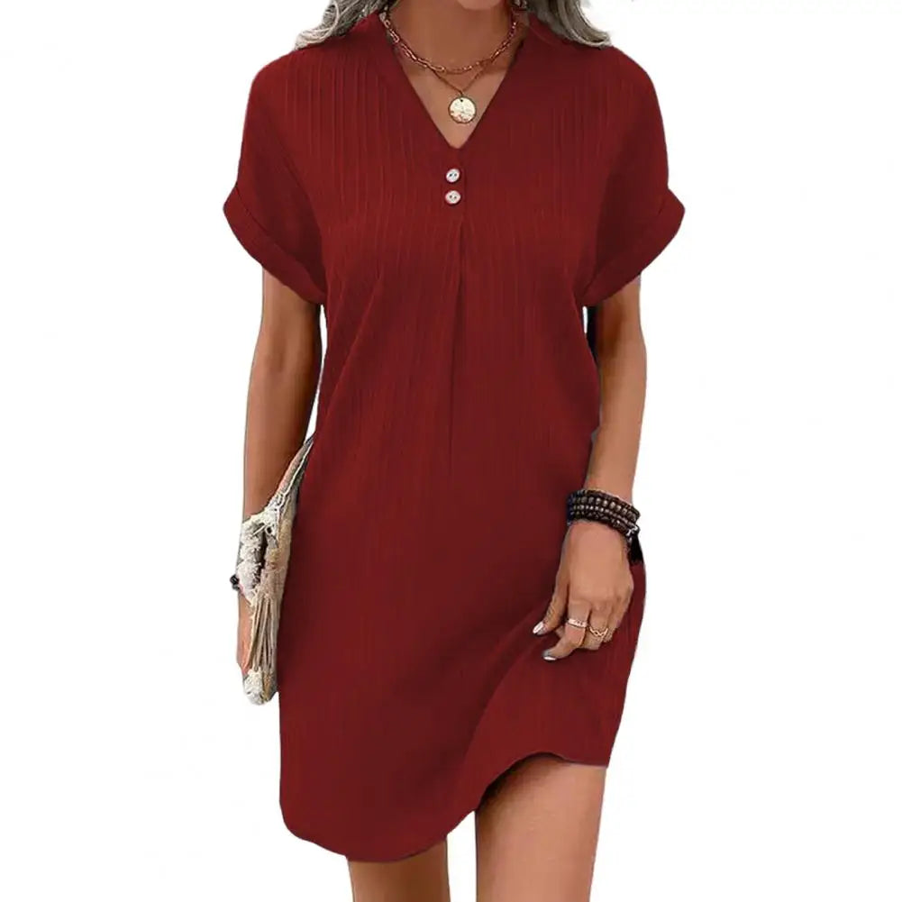 Summer Women V Neck Button Dress in Soft Polyester